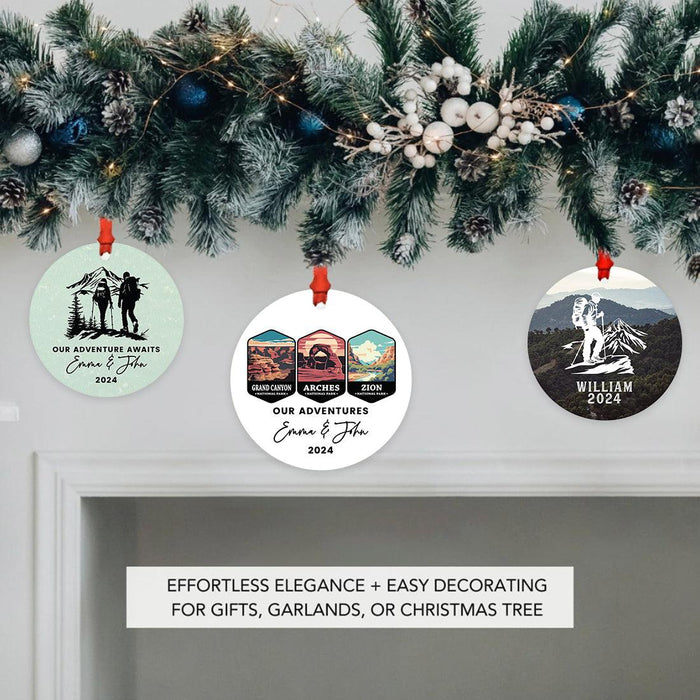 Custom Metal Hiking Engagement Ornament for Christmas Tree, Hiking Ornament for Couples-Set of 1-Andaz Press-Our Adventure Awaits-