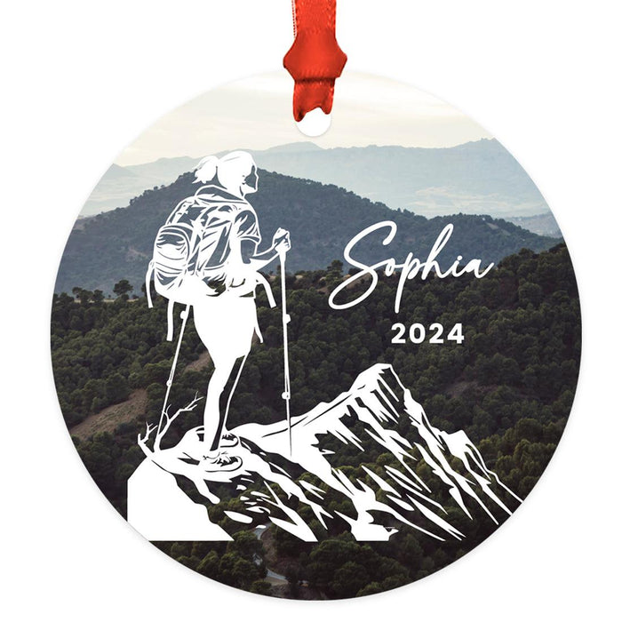 Custom Metal Hiking Engagement Ornament for Christmas Tree, Hiking Ornament for Couples-Set of 1-Andaz Press-Female Hiker-