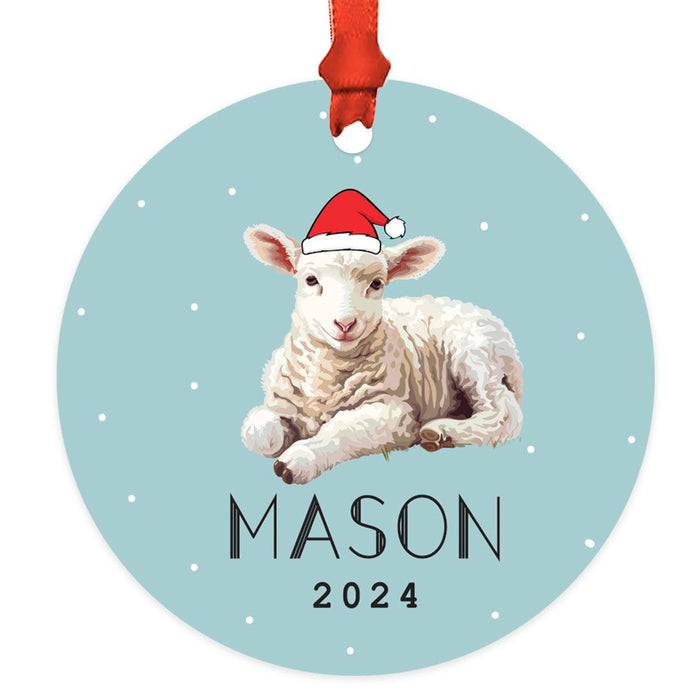 Custom Metal Lamb or Sheep Ornament for Christmas Tree Decor-Set of 1-Andaz Press-Lamb with Santa Hat-