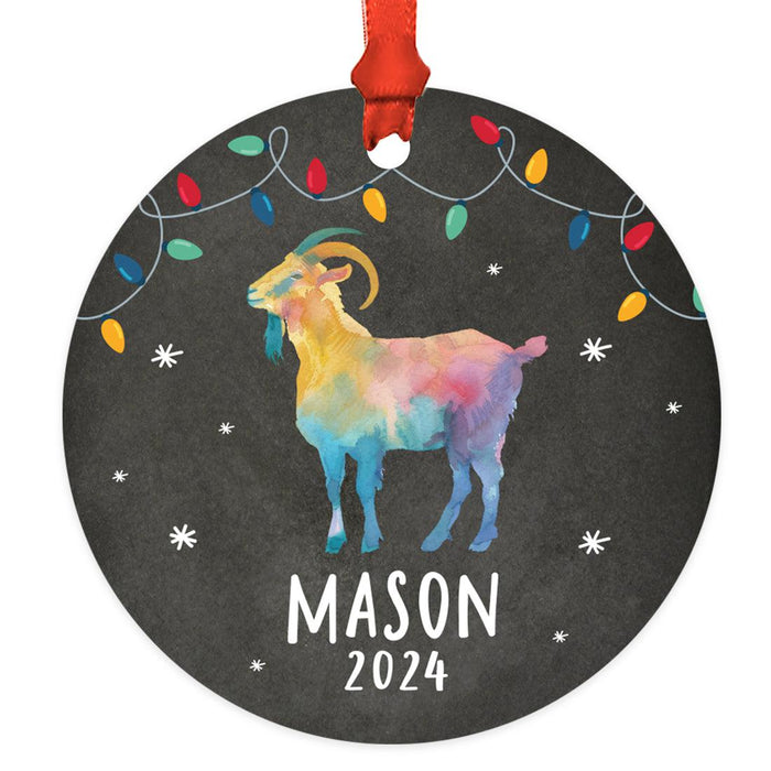 Custom Metal Lamb or Sheep Ornament for Christmas Tree Decor-Set of 1-Andaz Press-Rainbow Goat with Christmas Lights-