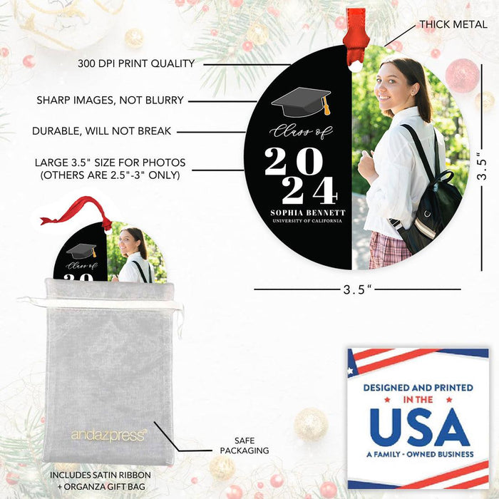 Custom Metal Photo Graduation Christmas Ornament, Class of 20XX Gift-Set of 1-Andaz Press-Classic Custom Photo-