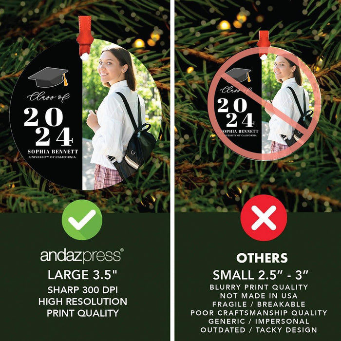 Custom Metal Photo Graduation Christmas Ornament, Class of 20XX Gift-Set of 1-Andaz Press-Classic Custom Photo-