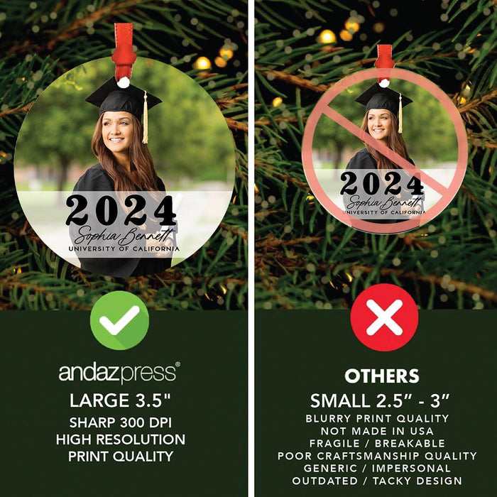 Custom Metal Photo Graduation Christmas Ornament, Class of 20XX Gift-Set of 1-Andaz Press-Classic Custom Photo-
