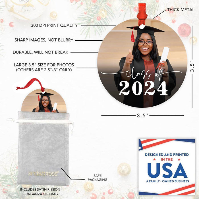 Custom Metal Photo Graduation Christmas Ornament, Class of 20XX Gift-Set of 1-Andaz Press-Classic Custom Photo-