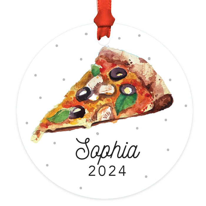 Custom Metal Pizza Slice Christmas Ornament, 20XX Pizza Tree Decoration-Set of 1-Andaz Press-Pizza-