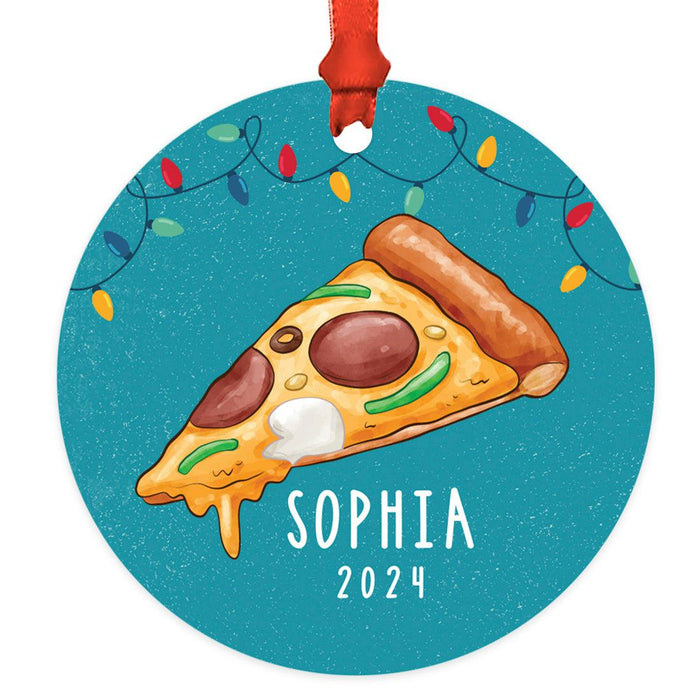 Custom Metal Pizza Slice Christmas Ornament, 20XX Pizza Tree Decoration-Set of 1-Andaz Press-Pizza Slice with Christmas Lights-