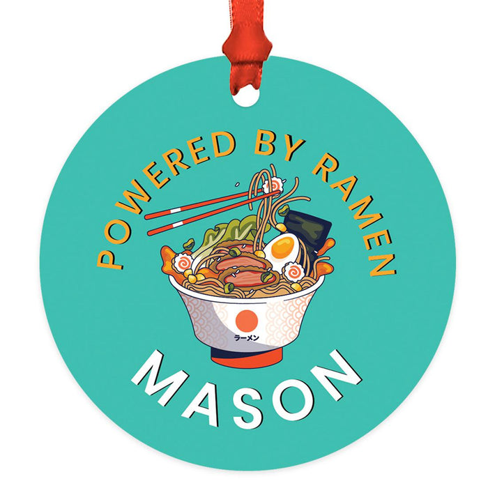 Custom Metal Ramen Christmas Ornament, Custom Ramen Bowl Tree Decor-Set of 1-Andaz Press-Powered By Ramen Green Background-