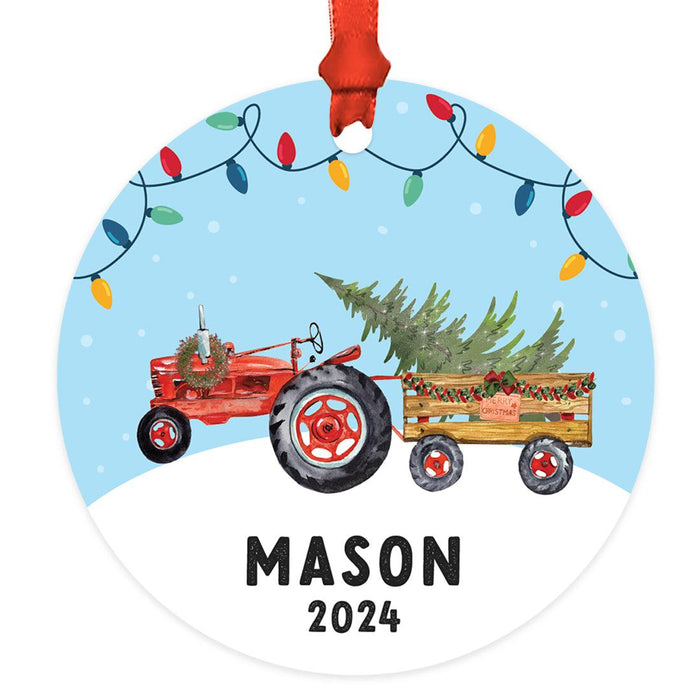 Custom Metal Red Tractor Ornament, 20XX Christmas Tree Gift for Kids-Set of 1-Andaz Press-Santa in Red Tractor-