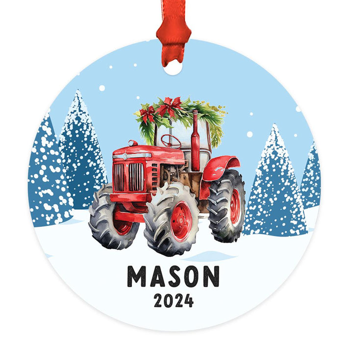 Custom Metal Red Tractor Ornament, 20XX Christmas Tree Gift for Kids-Set of 1-Andaz Press-Santa in Red Tractor-