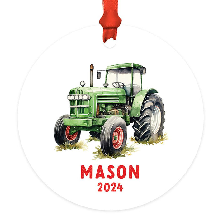 Custom Metal Red Tractor Ornament, 20XX Christmas Tree Gift for Kids-Set of 1-Andaz Press-Santa in Red Tractor-