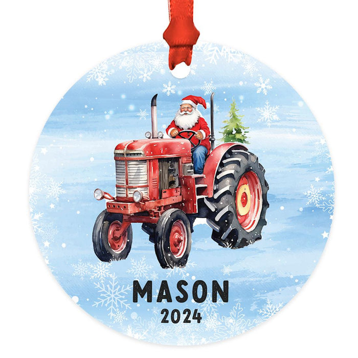 Custom Metal Red Tractor Ornament, 20XX Christmas Tree Gift for Kids-Set of 1-Andaz Press-Santa in Red Tractor-