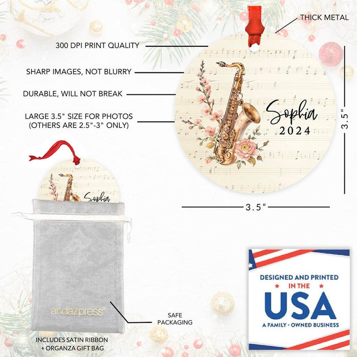 Custom Metal Saxophone Ornament Decor for Christmas Tree-Set of 1-Andaz Press-Floral Saxophone-