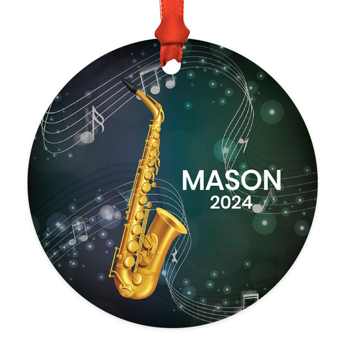 Custom Metal Saxophone Ornament Decor for Christmas Tree-Set of 1-Andaz Press-Saxophone with Gray Music Notes-