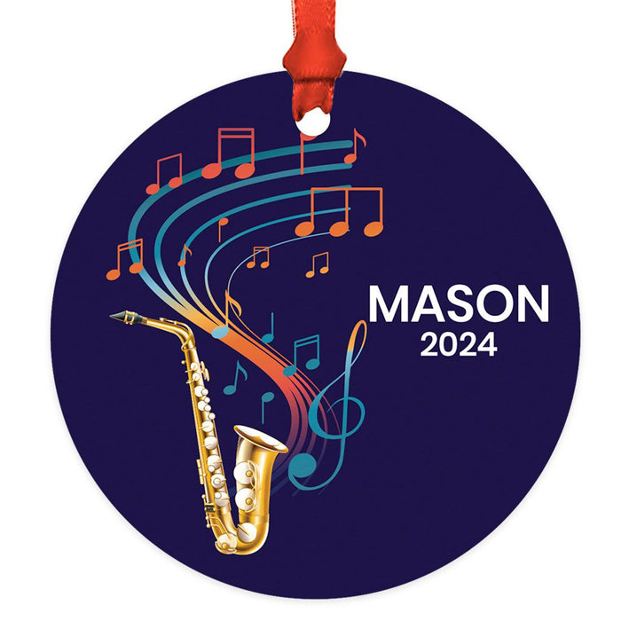 Custom Metal Saxophone Ornament Decor for Christmas Tree-Set of 1-Andaz Press-Saxophone with Orange and Blue Music Notes-