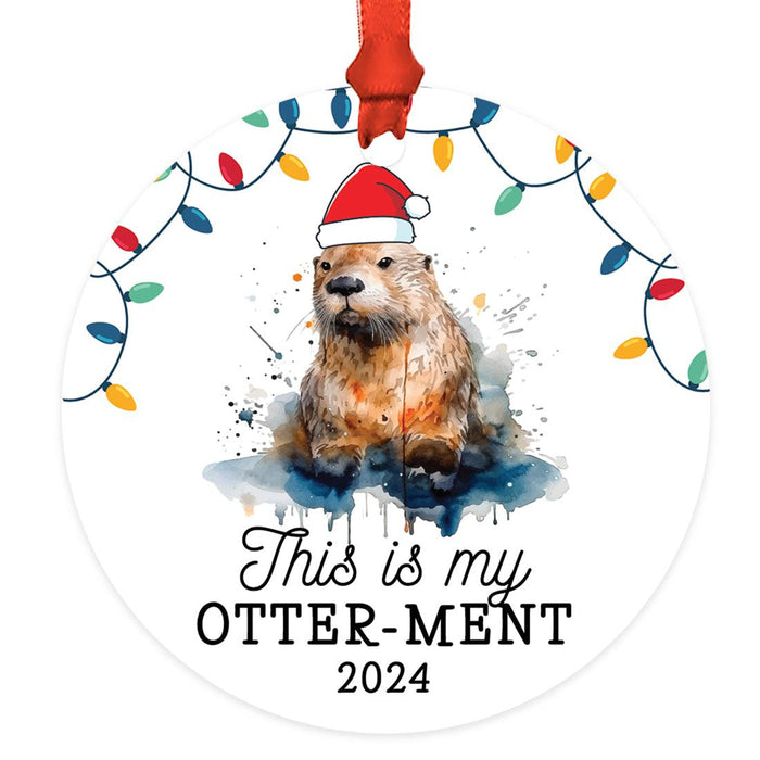 Custom Metal Sea Otter Christmas Ornaments Unique Holiday Decor for Kids-Set of 1-Andaz Press-Cute Baby Otter with Santa Hat-
