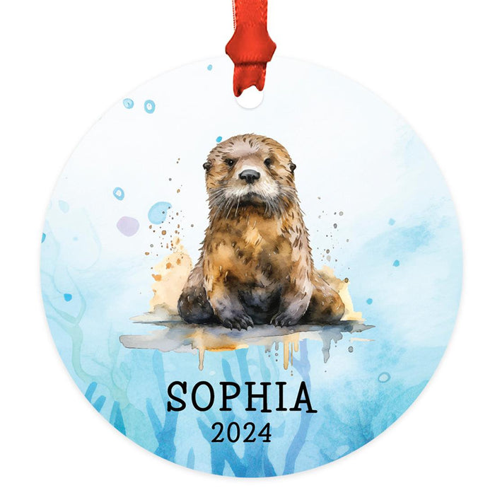 Custom Metal Sea Otter Christmas Ornaments Unique Holiday Decor for Kids-Set of 1-Andaz Press-Blue Watercolor Otter Custom Name-