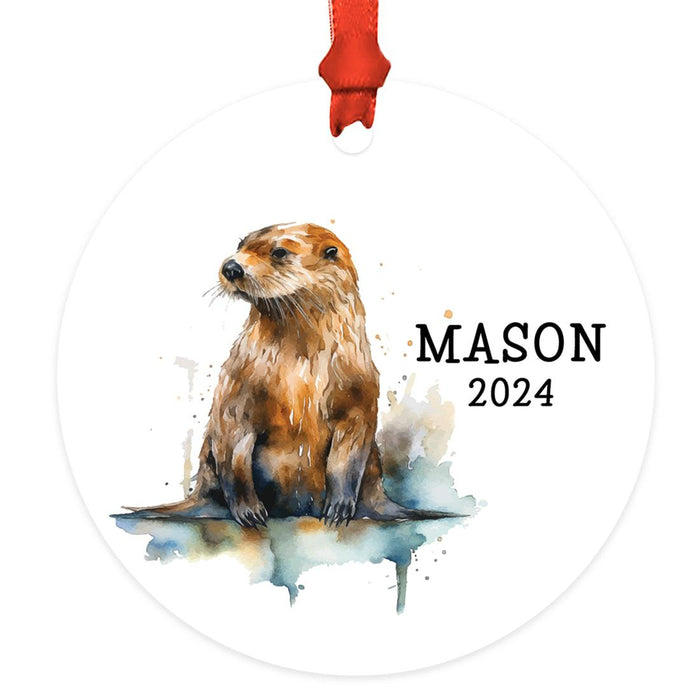 Custom Metal Sea Otter Christmas Ornaments Unique Holiday Decor for Kids-Set of 1-Andaz Press-Watercolor Otter Custom Name-
