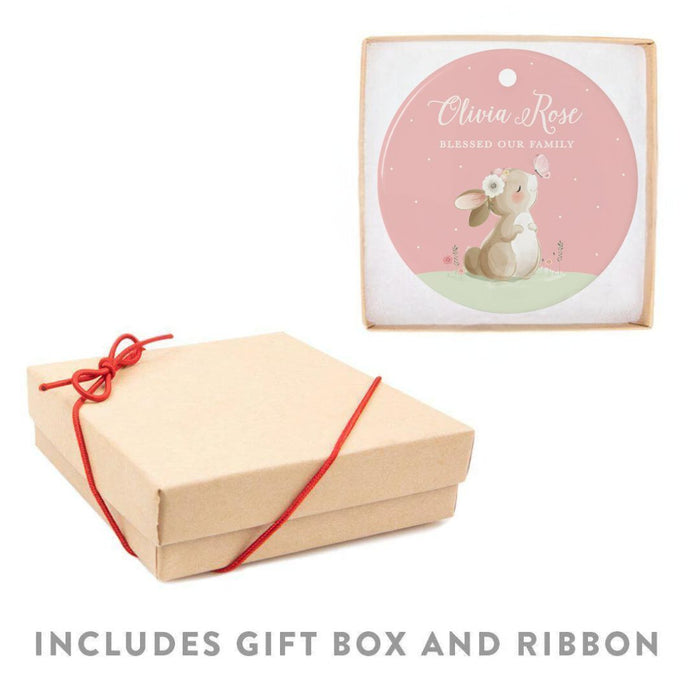 Custom Name and Year Round Porcelain Christmas Ornament, Bunny Rabbit Blush Pink Bulk-Set of 6-Andaz Press-Blessed Our Family-