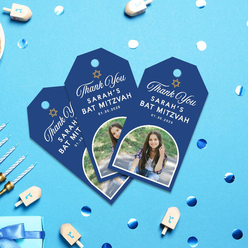 Custom Photo Bar/Bat Mitzvah Favor Tags with String, Thank You Gift Tags for Party Favors, Set of 60-Set of 60-Andaz Press-Half Arch-
