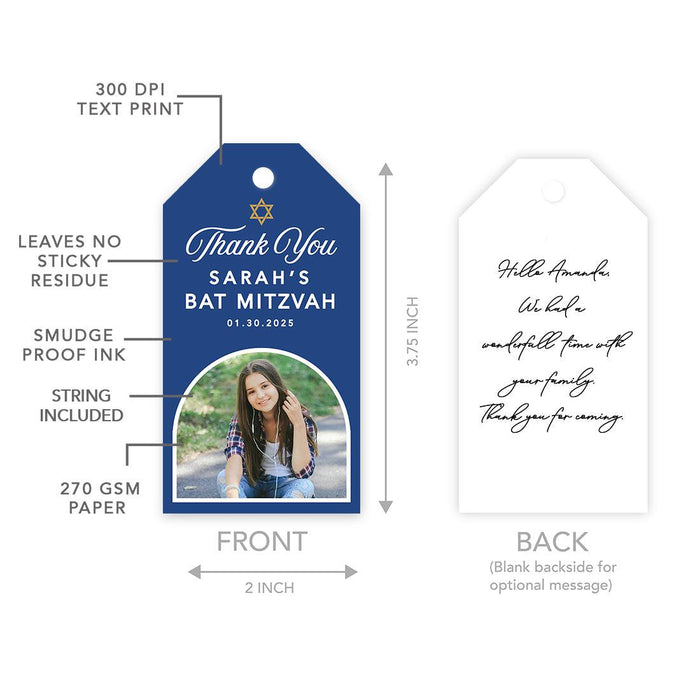 Custom Photo Bar/Bat Mitzvah Favor Tags with String, Thank You Gift Tags for Party Favors, Set of 60-Set of 60-Andaz Press-Half Arch-