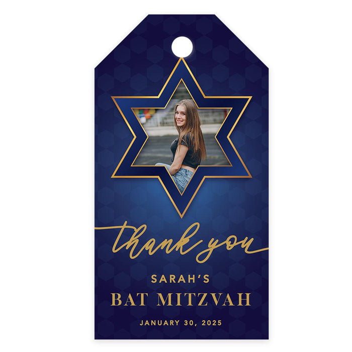 Custom Photo Bar/Bat Mitzvah Favor Tags with String, Thank You Gift Tags for Party Favors, Set of 60-Set of 60-Andaz Press-Blue Star of David-