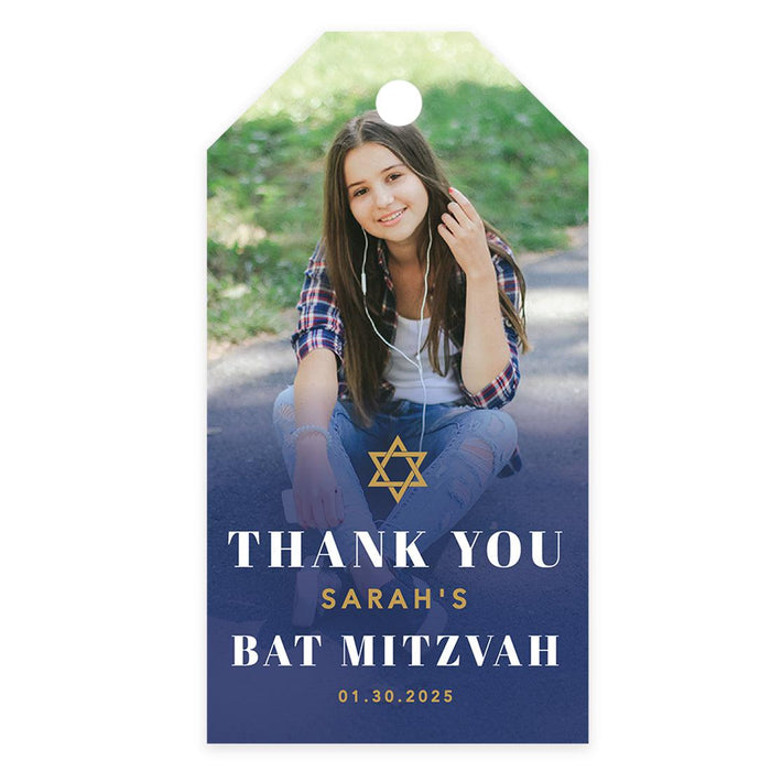Custom Photo Bar/Bat Mitzvah Favor Tags with String, Thank You Gift Tags for Party Favors, Set of 60-Set of 60-Andaz Press-Gold & Blue-