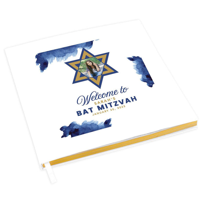 Custom Photo Bar/Bat Mitzvah Guest Book with Gold Accents, Album for Girls, or Boys, Set of 1-Set of 1-Andaz Press-Watercolor Custom Photo-
