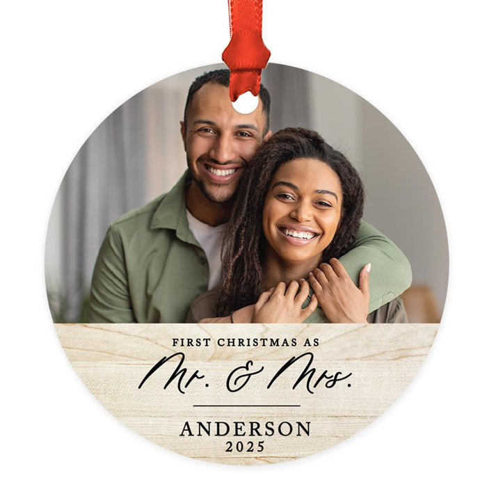 Custom Photo First Christmas Ornament 20xx, 3.5" Round Metal with Ribbon & Gift Bag – 11 Designs-Set of 1-Andaz Press-Mr. and Mrs.-