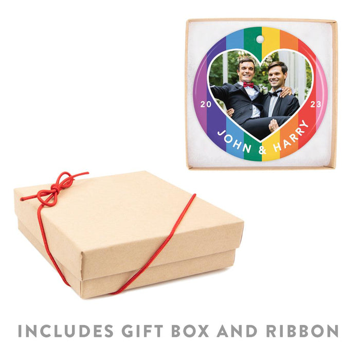 Custom Photo First LGBTQ Round Porcelain Christmas Ornament Keepsake, Set of 1-set of 1-Andaz Press-Rainbow Heart Photo-