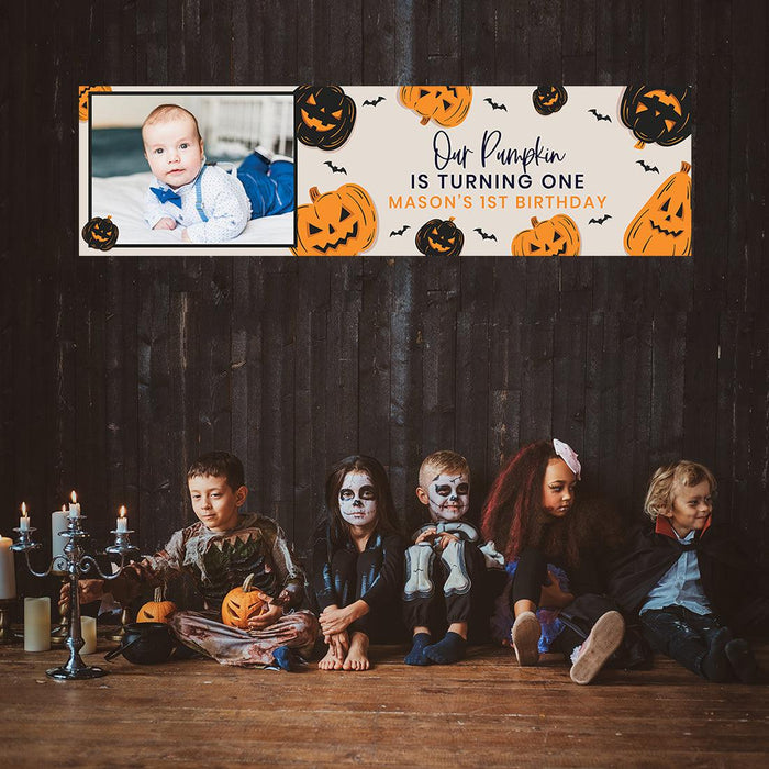 Custom Photo Halloween 1st Birthday Banner, Backdrop Welcome Sign, Set of 1-Set of 1-Andaz Press-1st Boo Day-