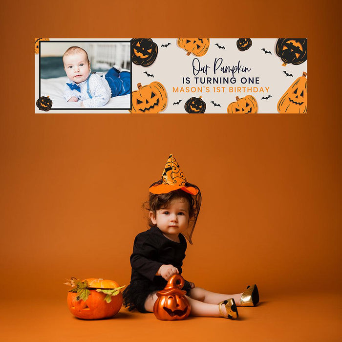 Custom Photo Halloween 1st Birthday Banner, Backdrop Welcome Sign, Set of 1-Set of 1-Andaz Press-1st Boo Day-