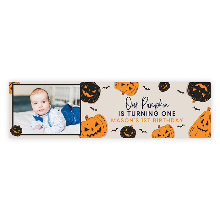 Custom Photo Halloween 1st Birthday Banner, Backdrop Welcome Sign, Set of 1-Set of 1-Andaz Press-Our Pumpkin Is Turning One-
