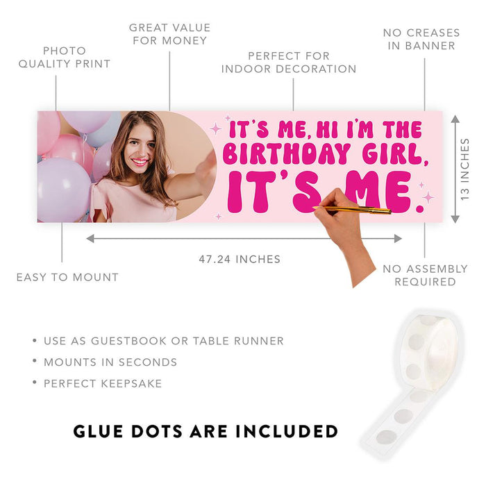 Custom Photo It's Me Hi I'm The Birthday Girl Its Me Banner, Disco Party Decorations, Set of 1-Set of 1-Andaz Press-Retro Hot Pink with Photo-