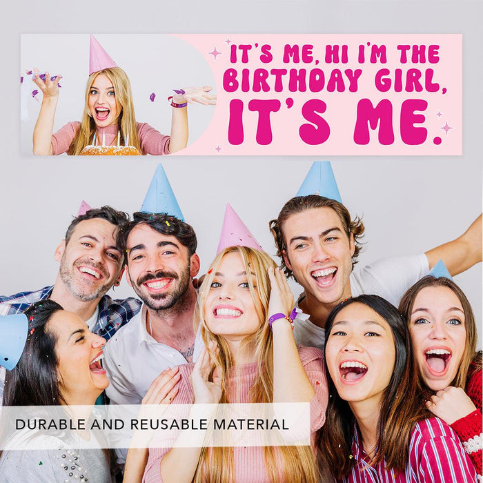Custom Photo It's Me Hi I'm The Birthday Girl Its Me Banner, Disco Party Decorations, Set of 1-Set of 1-Andaz Press-Retro Hot Pink with Photo-