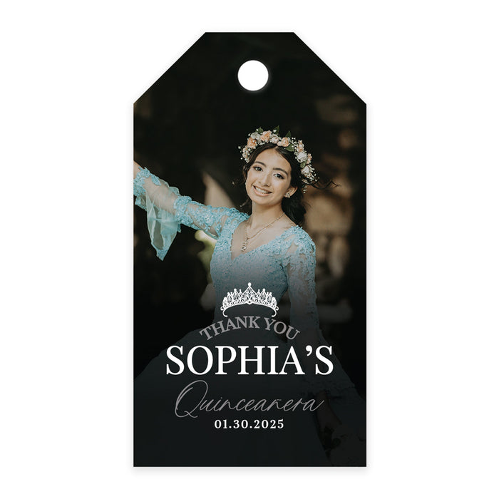 Custom Photo Quinceañera Favor Tags with String, Classic Thank You Gift Tags for Sweet 15, Set of 40-Set of 40-Andaz Press-Thank You with Crown-