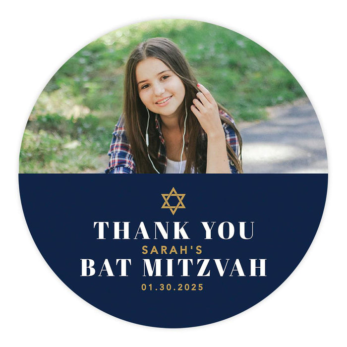 Custom Photo Round Bar/Bat Mitzvah Thank You Sticker Labels, Set of 40-Set of 40-Andaz Press-Navy Blue-