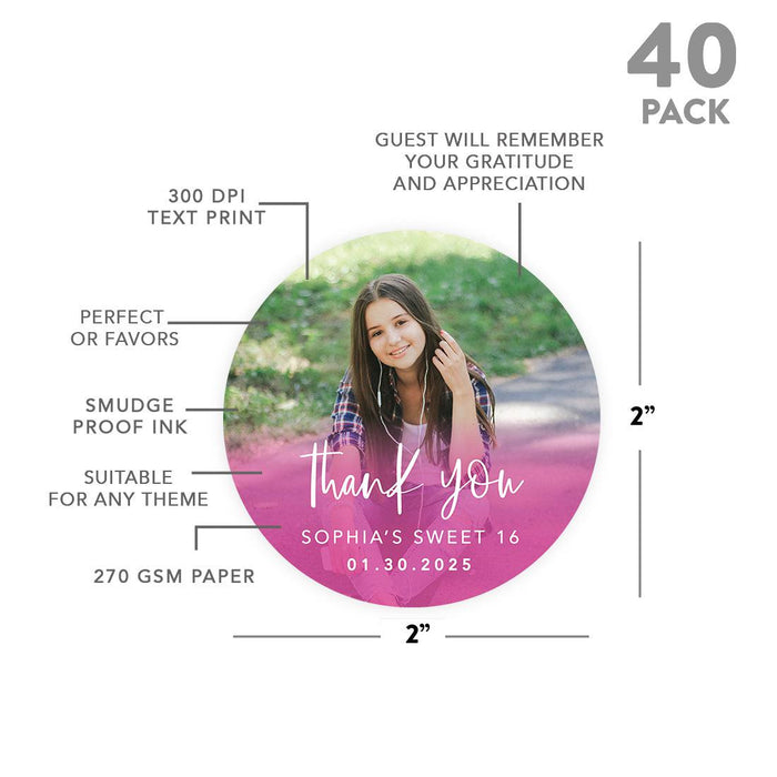 Custom Photo Round Sweet 16 Thank You Favor Stickers, Set of 40-Set of 40-Andaz Press-Ombre Fuchsia-