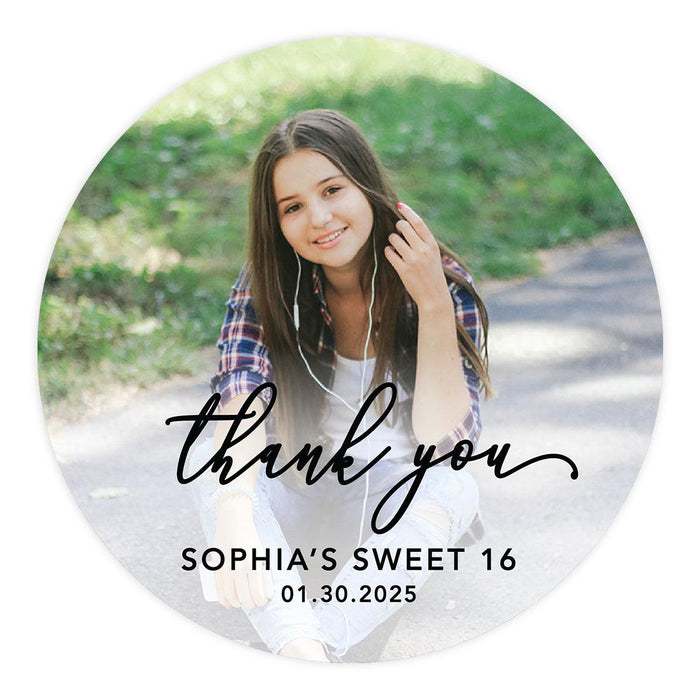 Custom Photo Round Sweet 16 Thank You Favor Stickers, Set of 40-Set of 40-Andaz Press-Ombre Fuchsia-