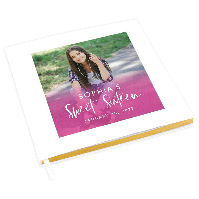 Custom Photo Sweet 16 Guestbook with Gold Accents, Hard Cover Photo Album, Set of 1-Set of 1-Andaz Press-Ombre Fucshia-