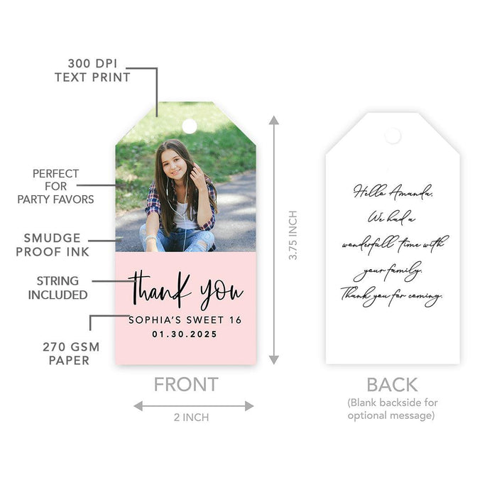 Custom Photo Sweet 16 Thank You Favor Tags with String, Set of 60-Set of 61-Andaz Press-Modern Half Arch-