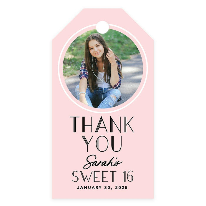 Custom Photo Sweet 16 Thank You Favor Tags with String, Set of 60-Set of 61-Andaz Press-Blush Pink Circle Frame-
