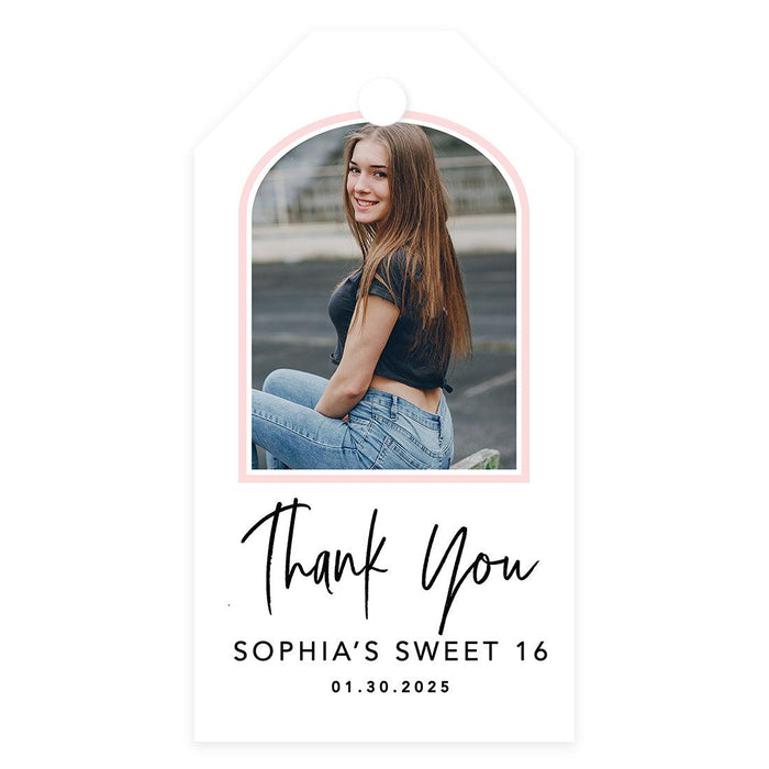 Custom Photo Sweet 16 Thank You Favor Tags with String, Set of 60-Set of 61-Andaz Press-Minimal Arch-