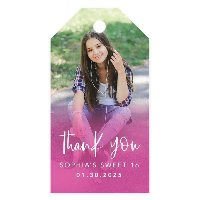 Custom Photo Sweet 16 Thank You Favor Tags with String, Set of 60-Set of 61-Andaz Press-Ombre Fucshia-