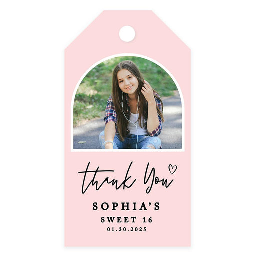 Custom Photo Sweet 16 Thank You Favor Tags with String, Set of 60-Set of 61-Andaz Press-Modern Half Arch-