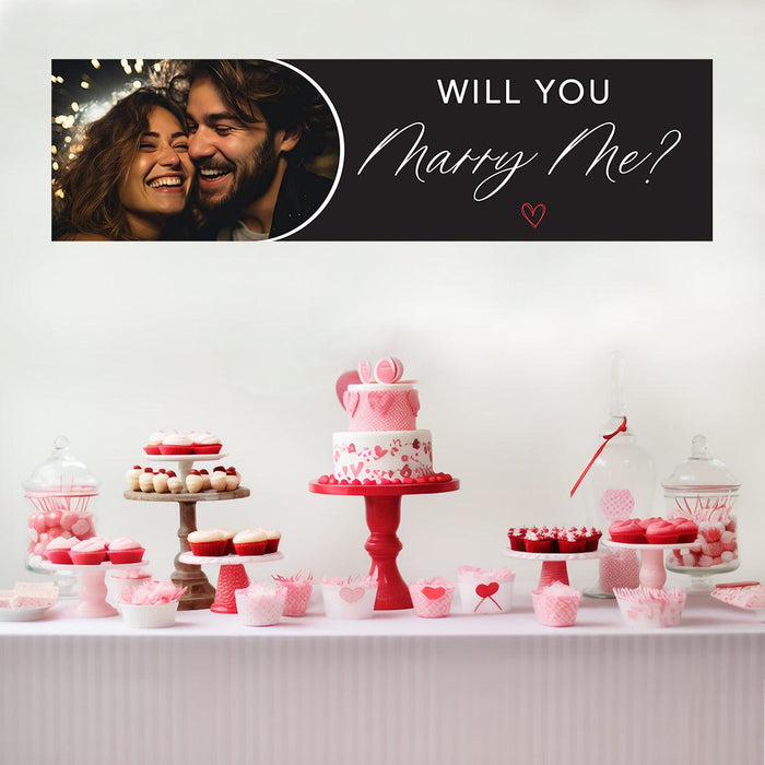 Custom Photo Will You Marry Me Sign Banner, Proposal and Valentine's Day Decor Ideas, Set of 1-Set of 1-Andaz Press-Red Hearts Photo Will You Marry Me?-