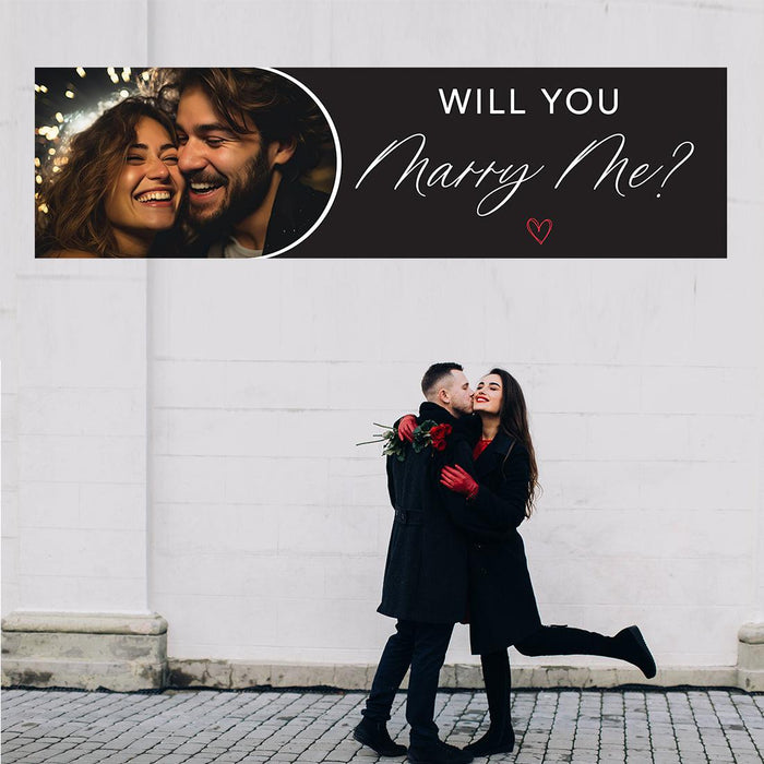 Custom Photo Will You Marry Me Sign Banner, Proposal and Valentine's Day Decor Ideas, Set of 1-Set of 1-Andaz Press-Red Hearts Photo Will You Marry Me?-