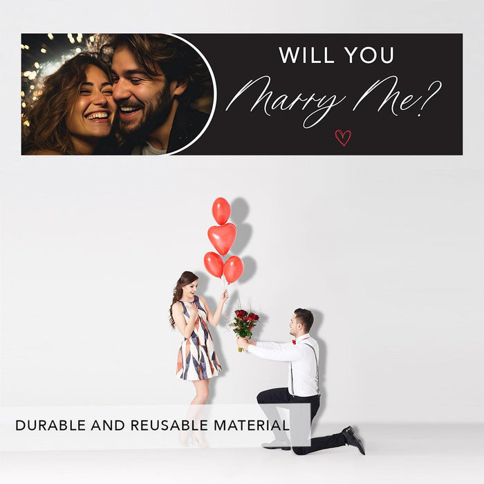 Custom Photo Will You Marry Me Sign Banner, Proposal and Valentine's Day Decor Ideas, Set of 1-Set of 1-Andaz Press-Red Hearts Photo Will You Marry Me?-