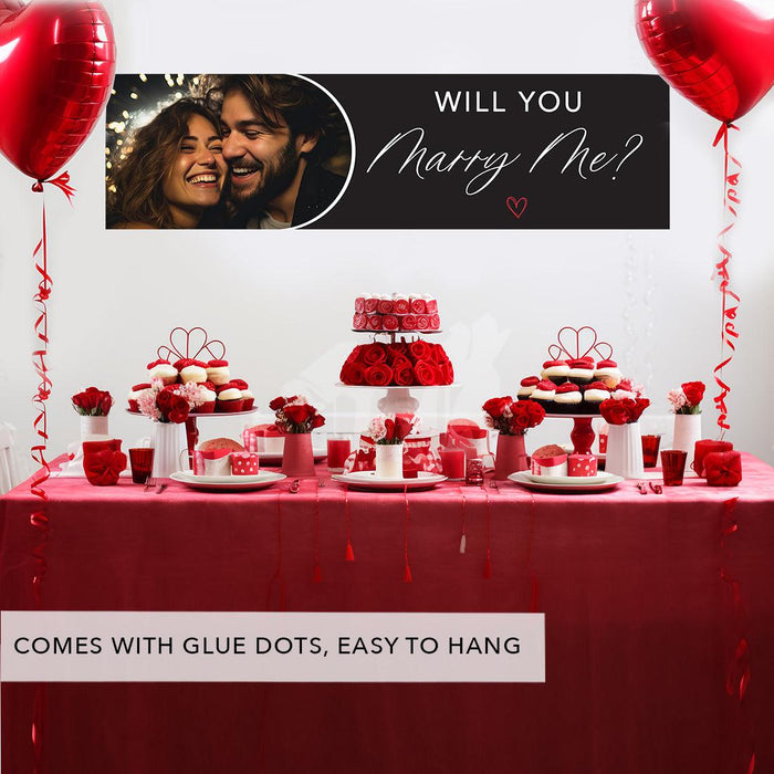 Custom Photo Will You Marry Me Sign Banner, Proposal and Valentine's Day Decor Ideas, Set of 1-Set of 1-Andaz Press-Red Hearts Photo Will You Marry Me?-