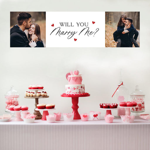 Custom Photo Will You Marry Me Sign Banner, Proposal and Valentine's Day Decor Ideas, Set of 1-Set of 1-Andaz Press-Red Hearts Photo Will You Marry Me?-