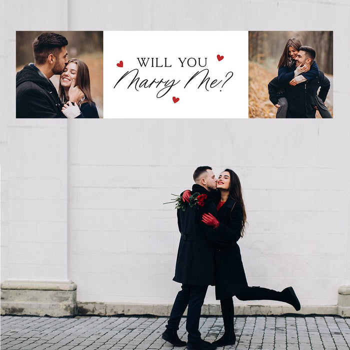 Custom Photo Will You Marry Me Sign Banner, Proposal and Valentine's Day Decor Ideas, Set of 1-Set of 1-Andaz Press-Red Hearts Photo Will You Marry Me?-